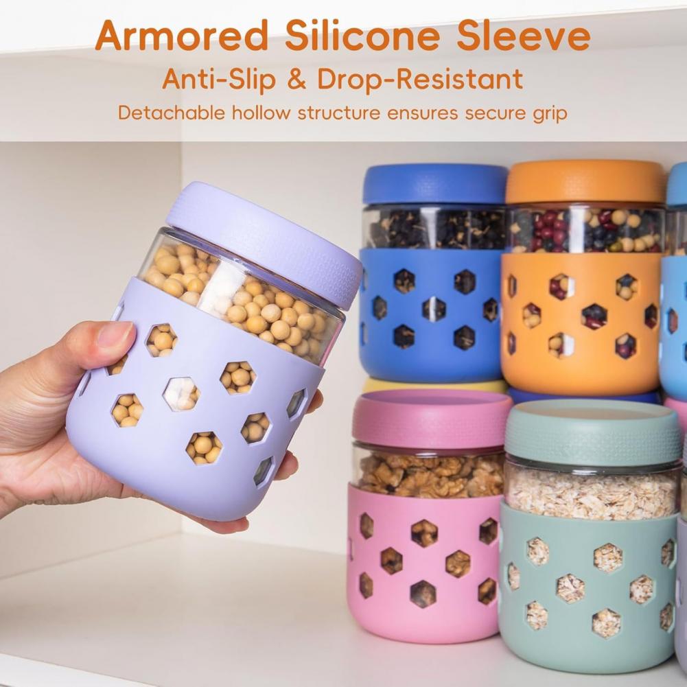 Meal Prep Yogurt Containers - ขวดแก้วแบบมีปลอกซิลิโคน ขนาด 16 ออนซ์ ป้องกันการรั่วซึม สำหรับเตรียมอาหาร