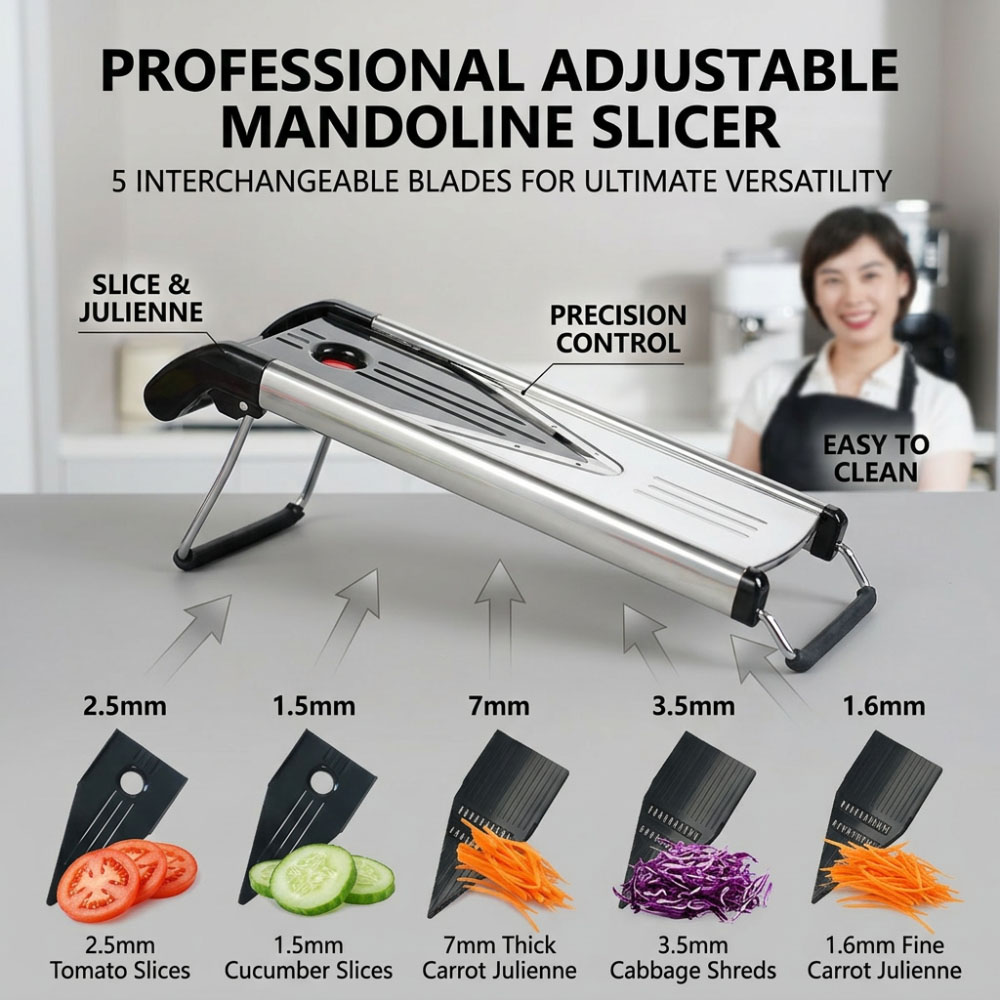Mandoline Slicer Guard - ที่หั่นผักสแตนเลสแบบปรับได้ พร้อมใบมีด 5 แบบ ปลอดภัยต่ออาหาร พร้อมที่ครอบมือและถุงมือป้องกันการบาดสำหรับใช้ในครัว