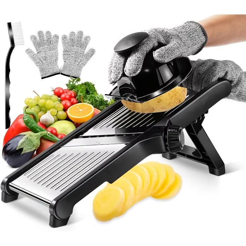 Mandoline Slicer Guard - เครื่องหั่นผักผลไม้สแตนเลส พร้อมใบมีด 5 ใบ และที่วาง -