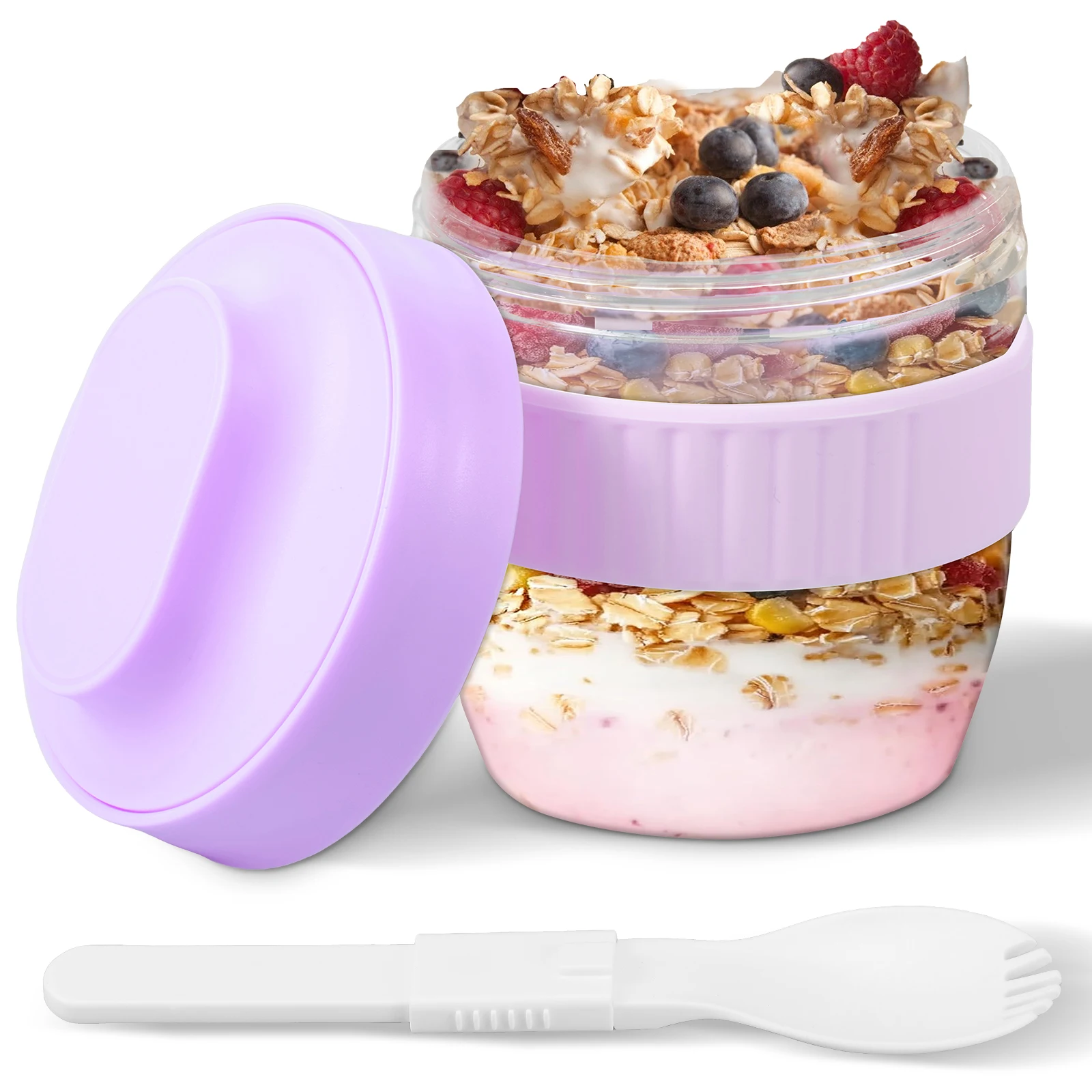 Meal Prep Yogurt Containers - ภาชนะใส่ข้าวโอ๊ตแบบสองชั้นพร้อมฝาปิดและช้อน ภาชนะใส่ข้าวโอ๊ตแบบใช้ซ้ำได้ ป้องกันการรั่วซึม สำหรับใส่ข้าวโอ๊ต โยเกิร์ต